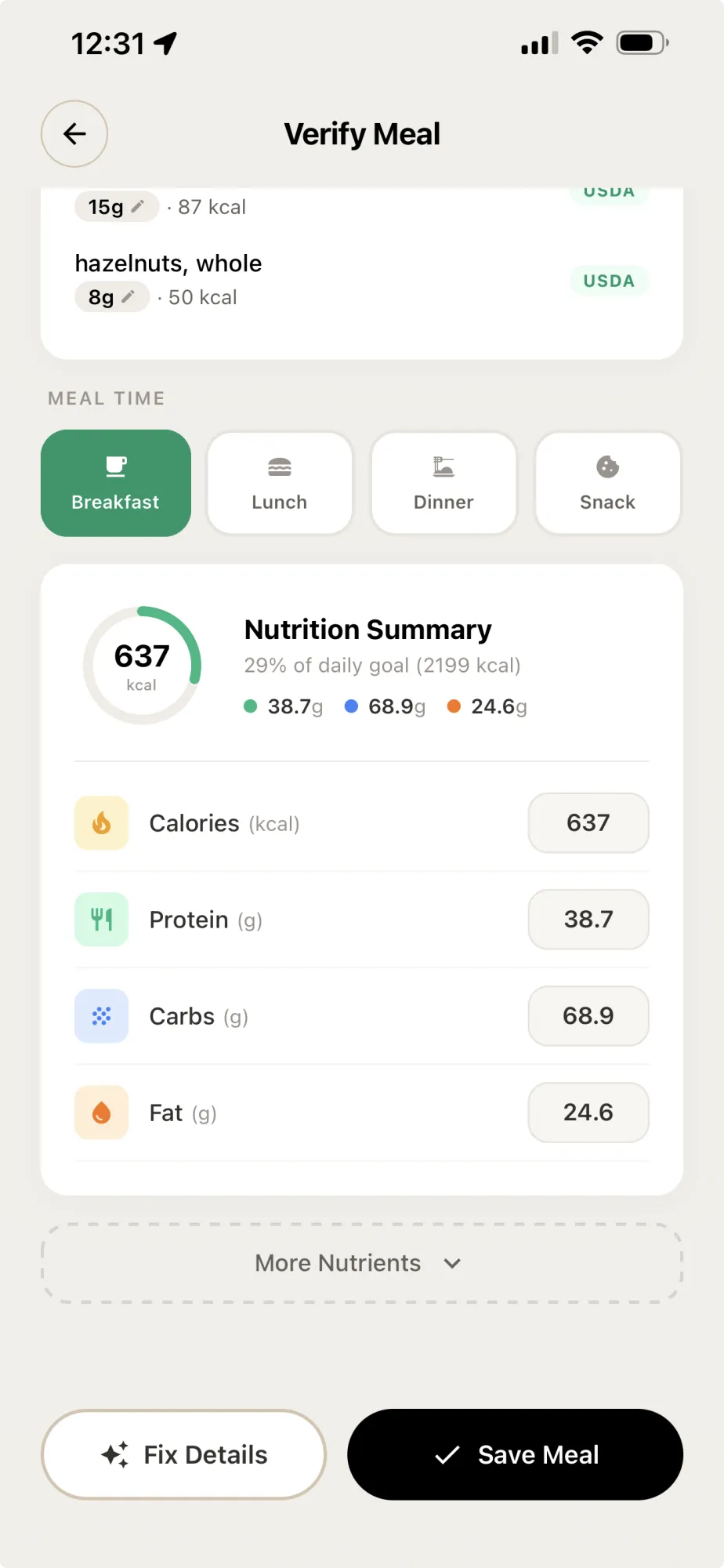 Calories and macros calculated automatically